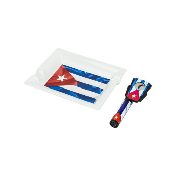 Zigarren Set : "Cuba Flag" Zigarrenascher +3er Jet Feuerzeug + Zigarrenabschneider